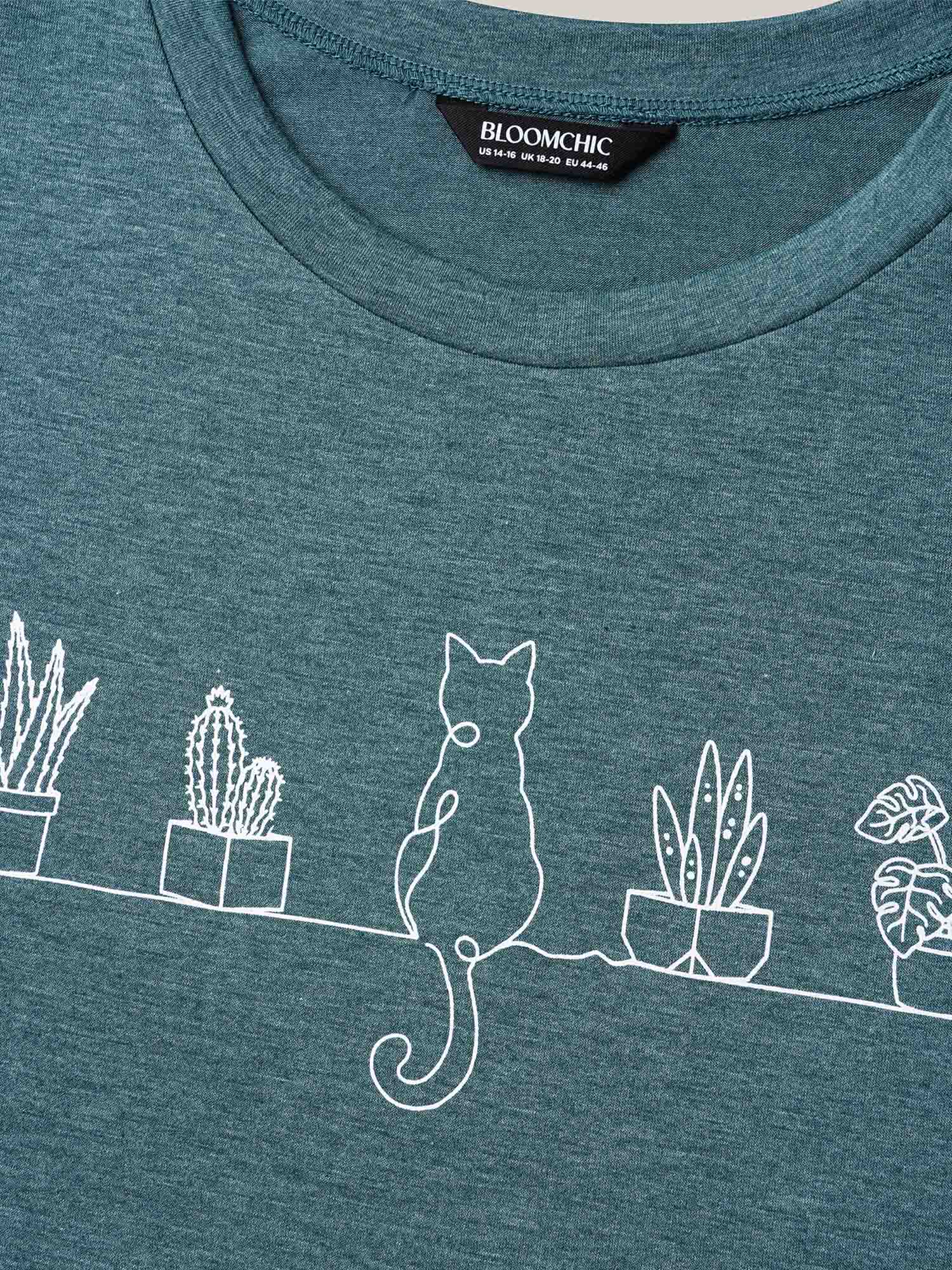 Cat Print Crew Neck Stretchy T-Shirt