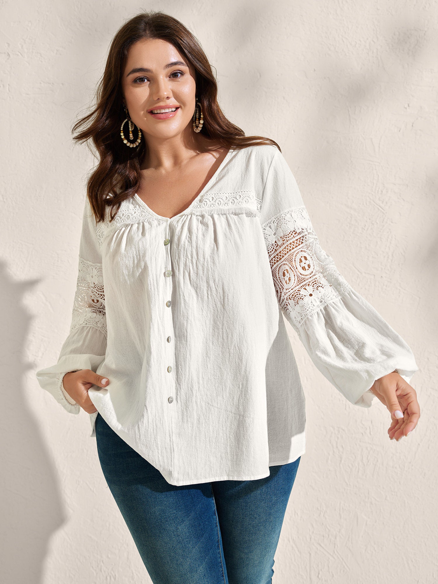 Pure Cotton Sheer Lace Trim Blouse