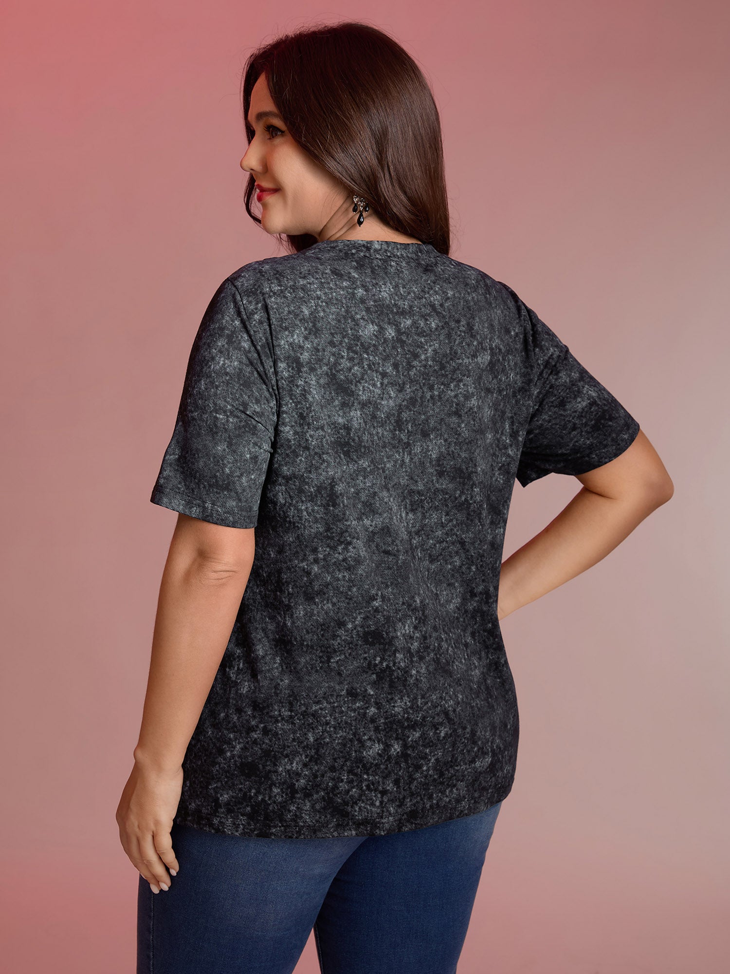 Midnight Rosy Print Sheer Neckline T-Shirt