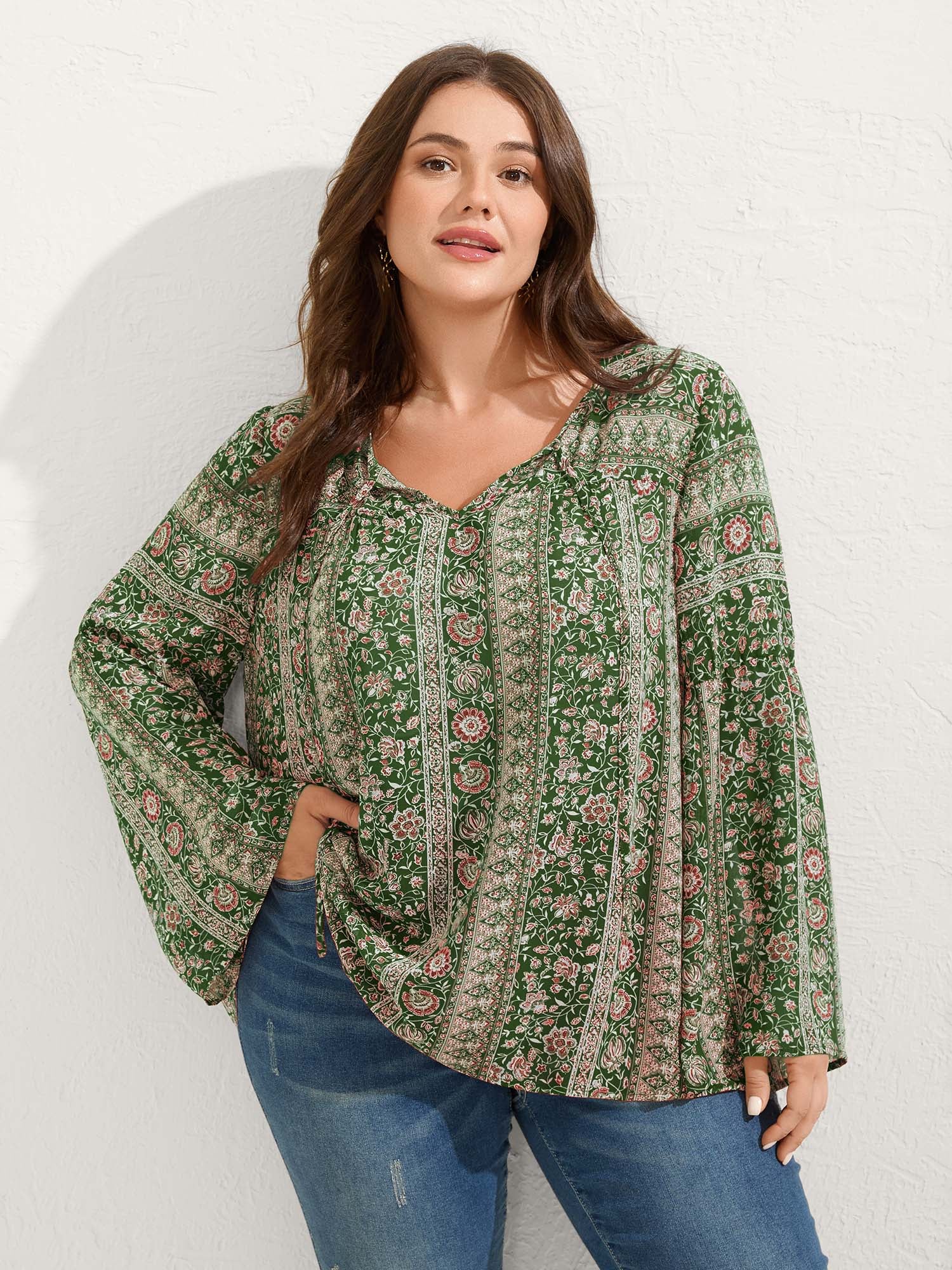 Chiffon Floral Sheer Print Neck-Tie Blouse