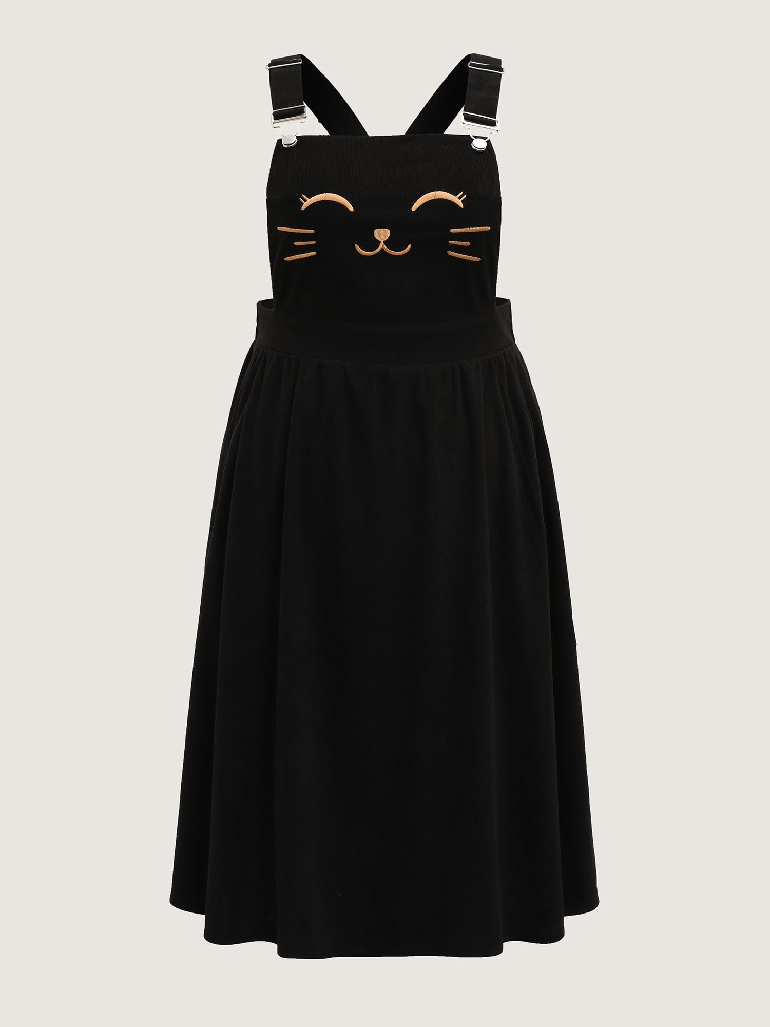 Happy Cat Embroidery Overall Straps Midi Dress