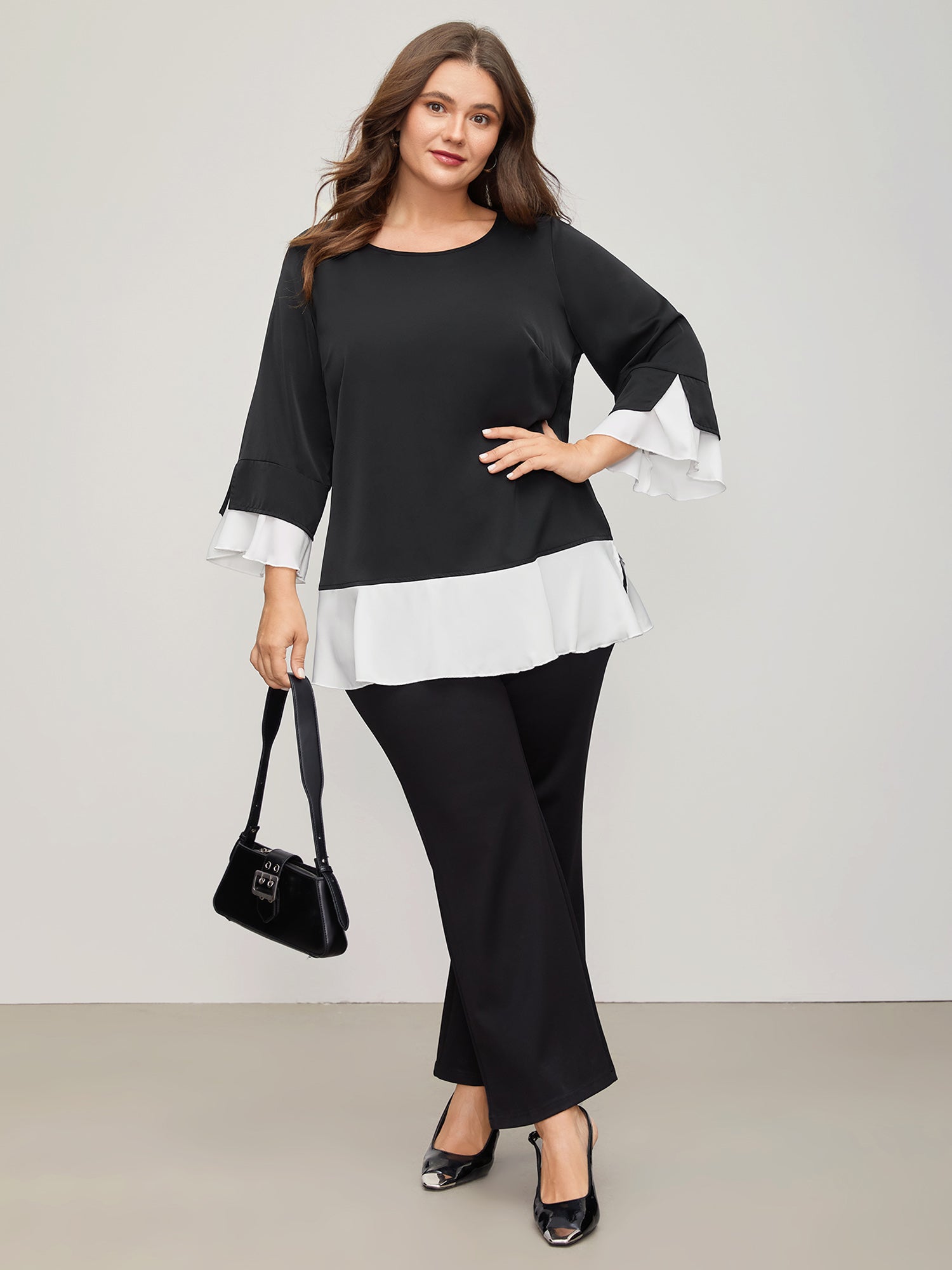 Contrast Patchwork Bell Sleeve Blouse