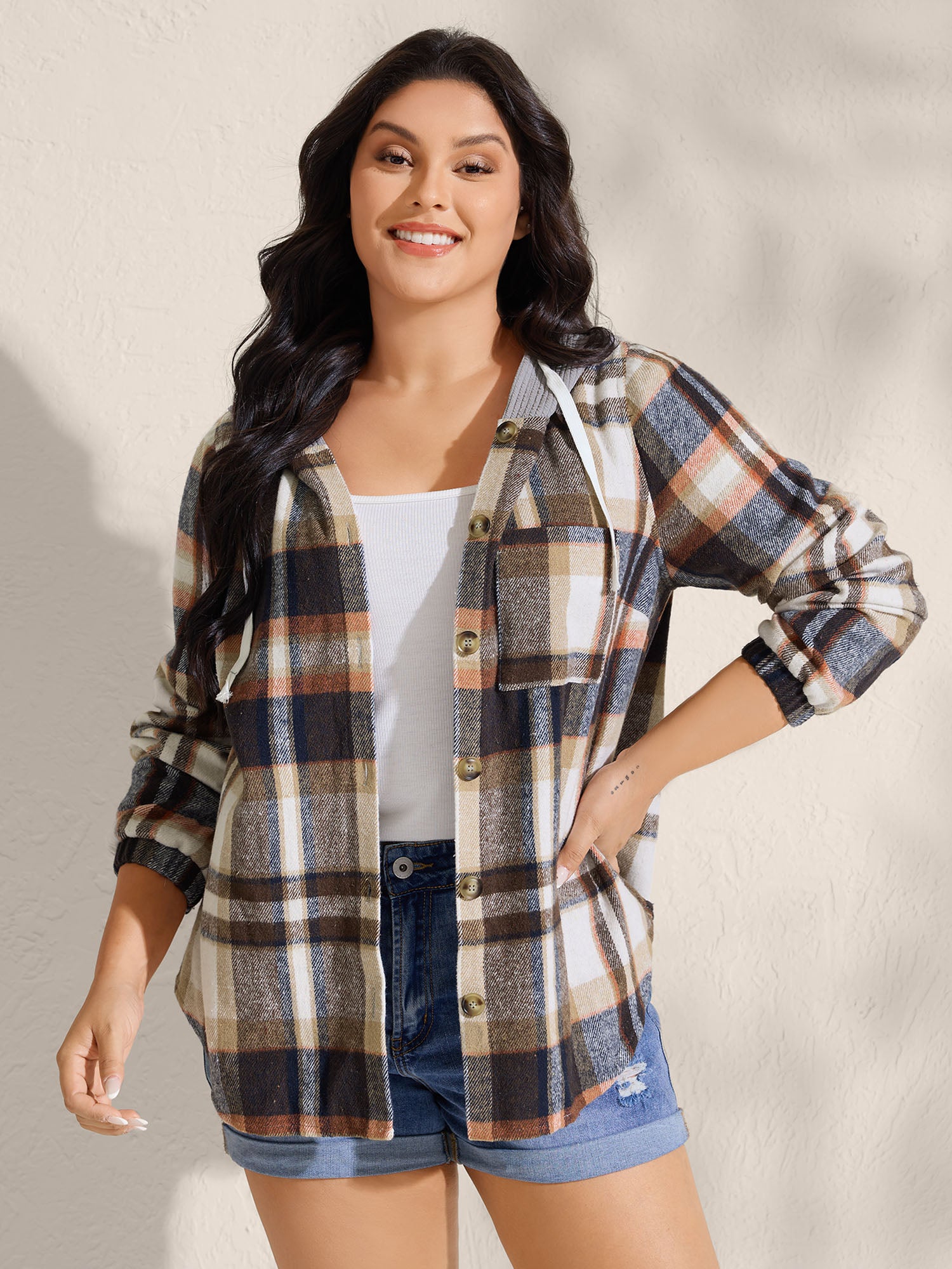 Plaid Print Textured Hooded Jacket