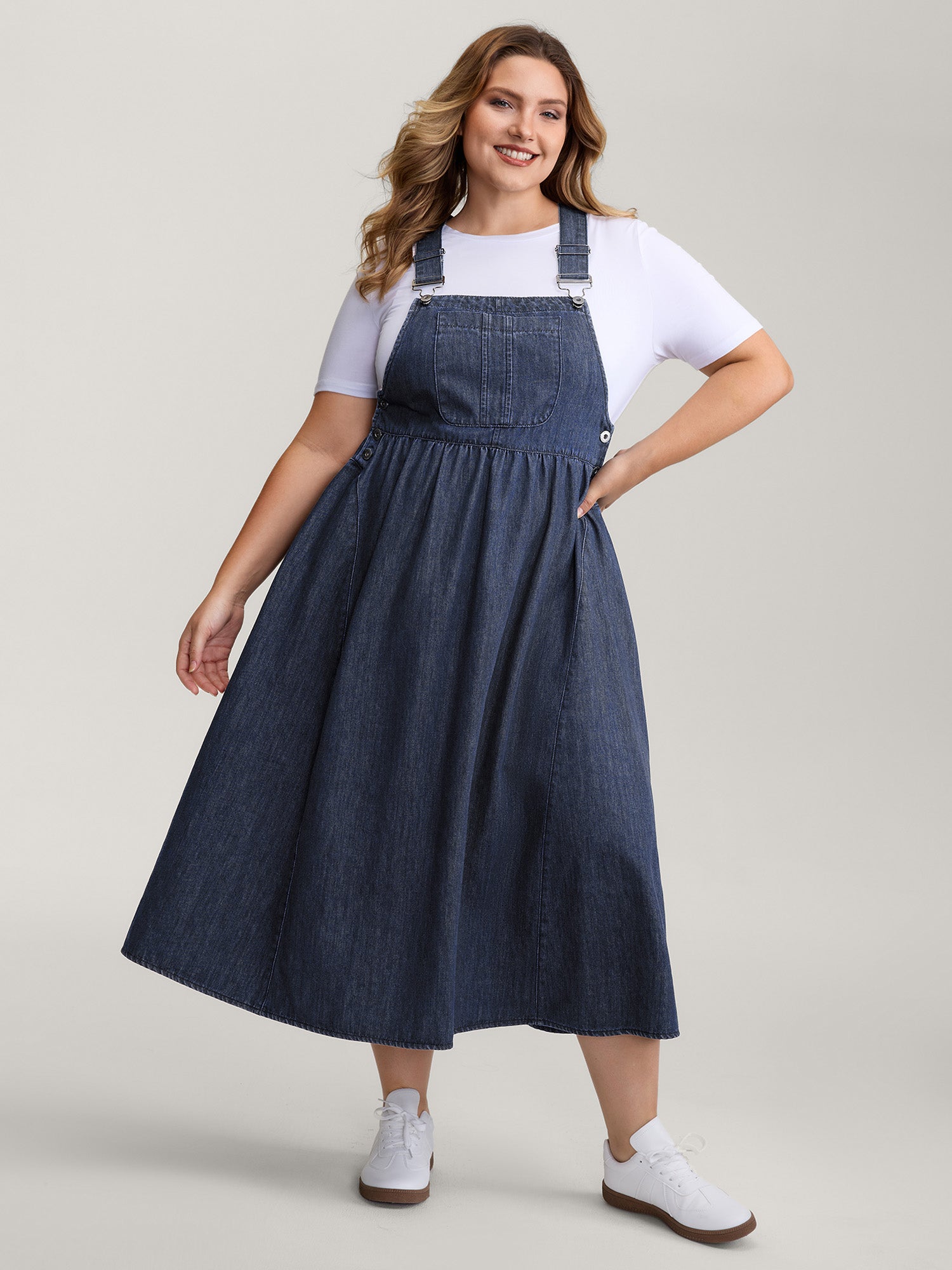 Denim Adjustable Overall Straps Pockets Midi Dress