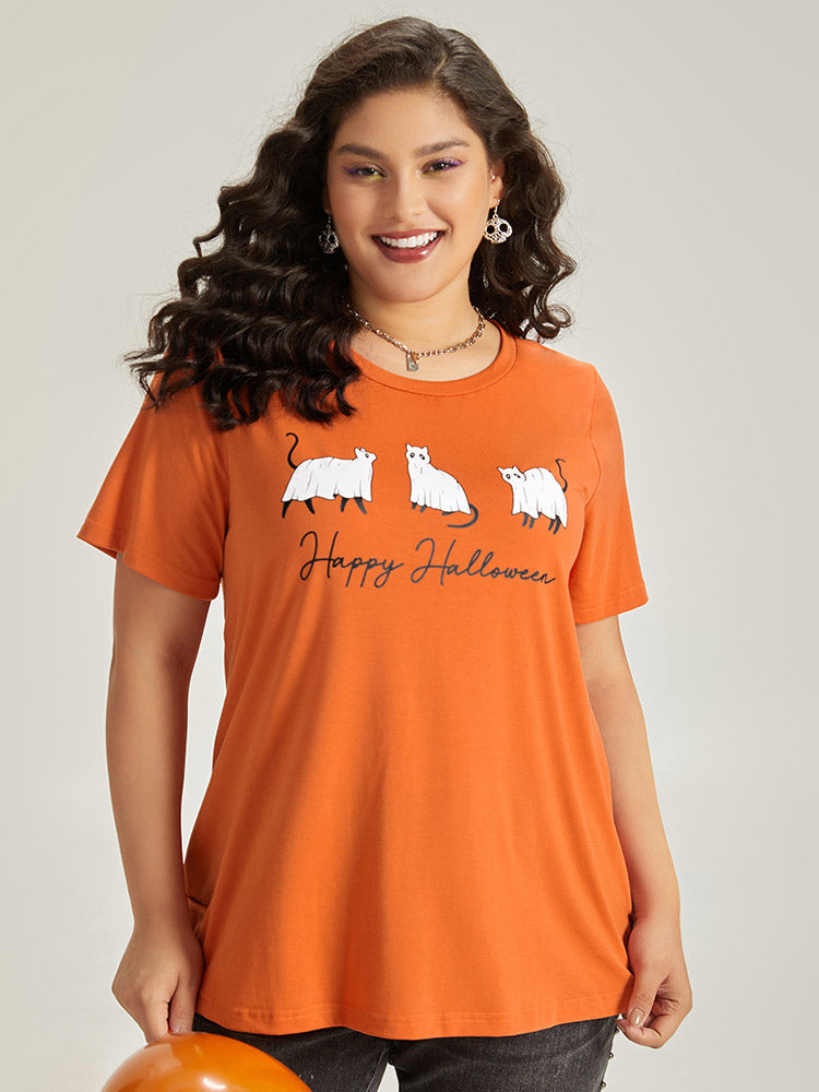 Halloween Letter & Animals Crew Neck T-shirt