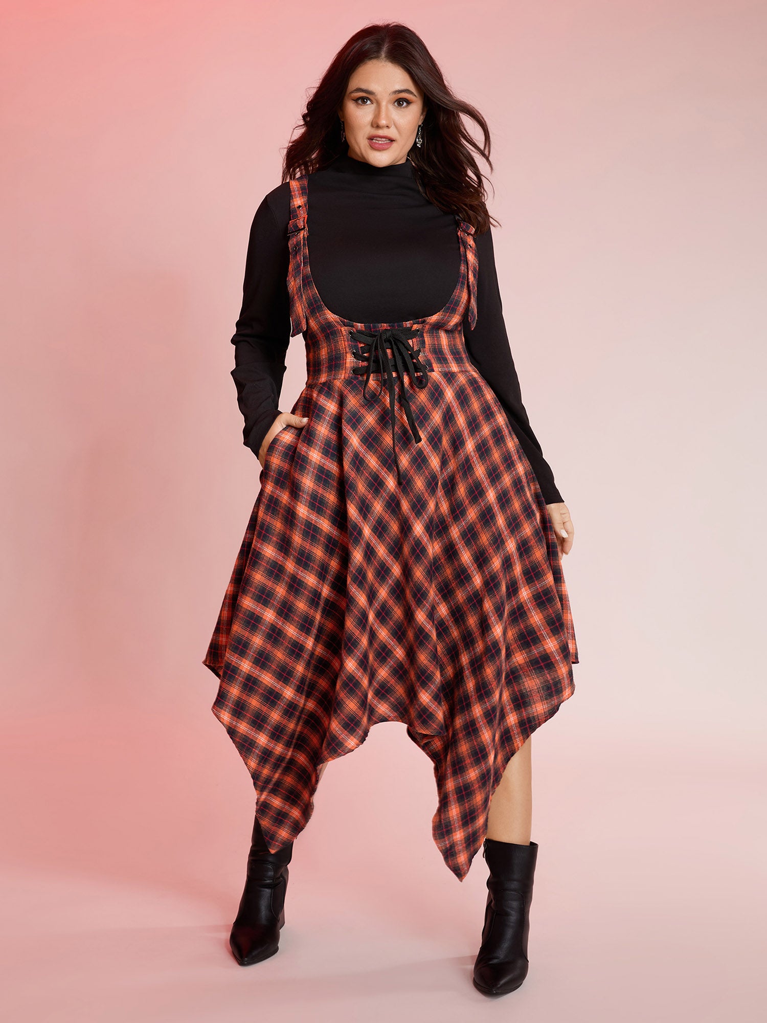 Plaid Handkerchief-Hem Adjustable Midi Skirt