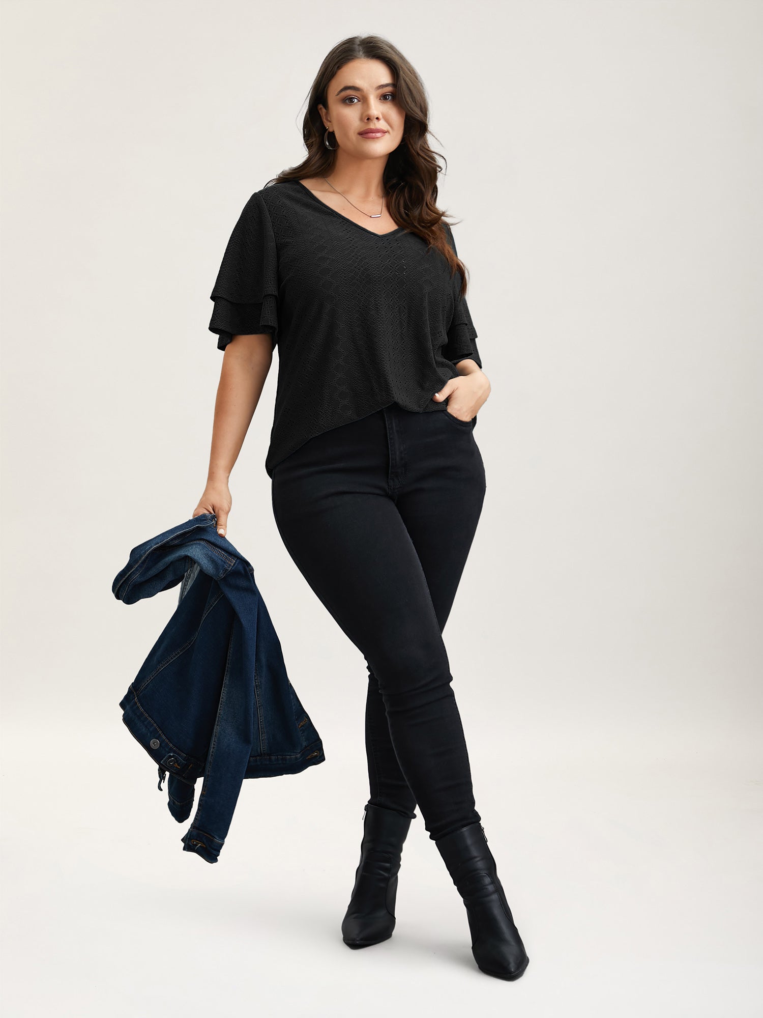 Jacquard Textured Lotus Leaf Sleeve Top