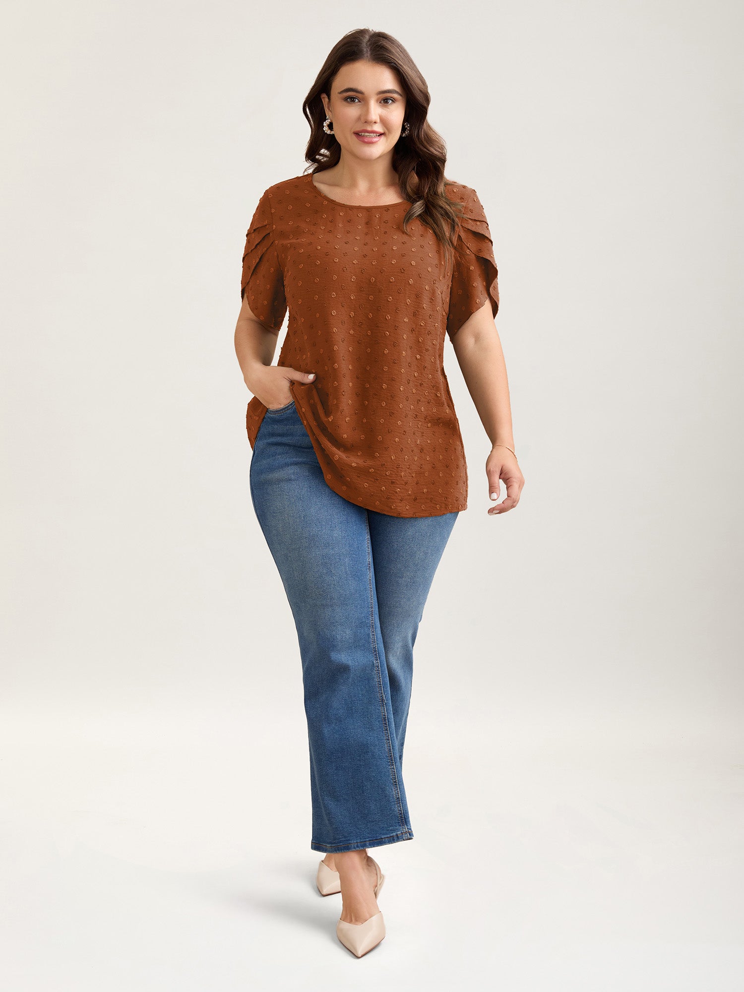 Textured Color Contrast Petal Sleeve Blouse